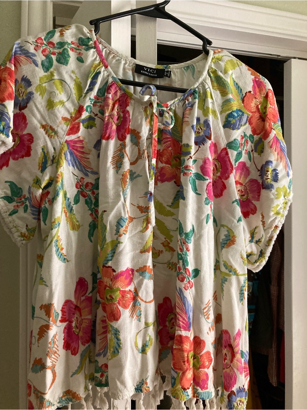 VICI Multicolor Floral Tie-Neck Peasant Top - White Base